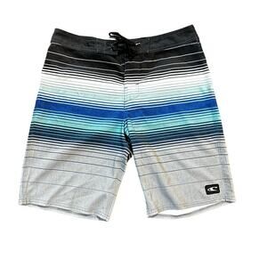O'Neill Swim Trunks Board Shorts Gray Blue Striped Lace Up Inseam 10" Mens SZ 32